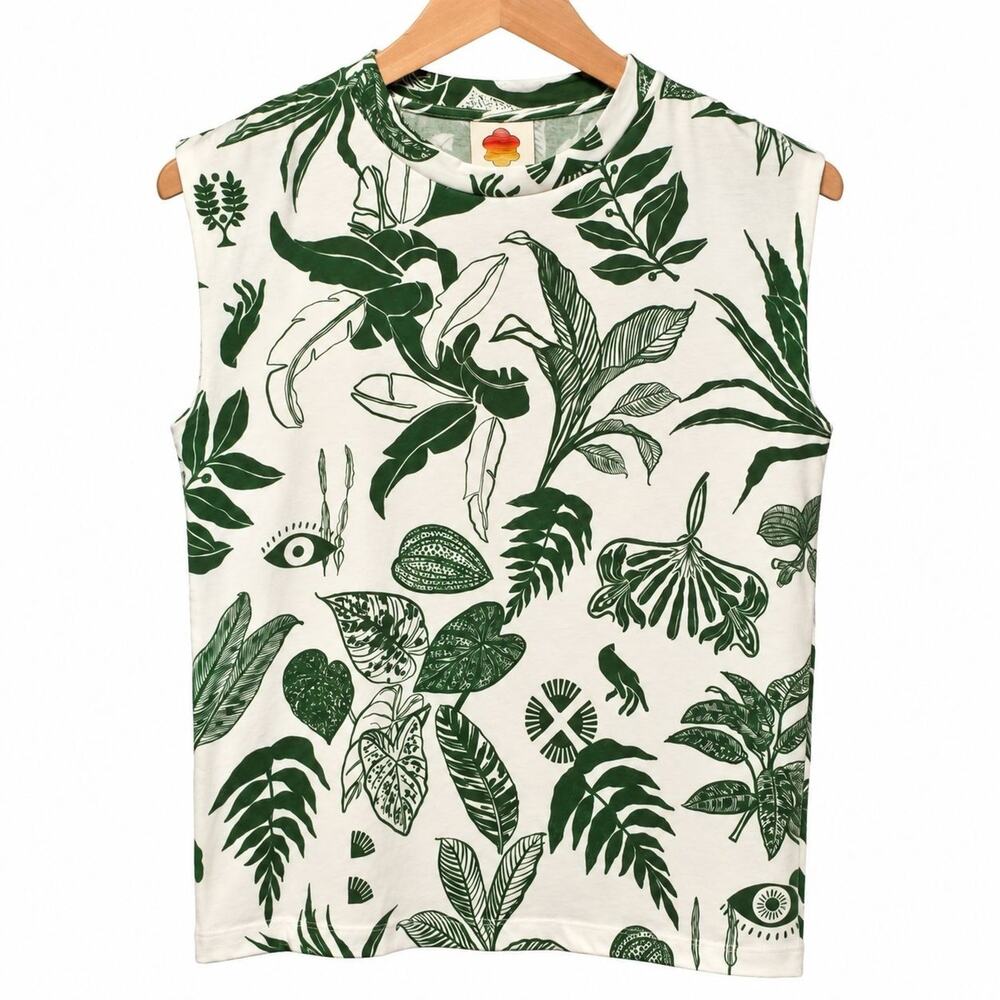 Farm Rio Tank Top Womens S Green Tropical Leaf Print 100% Cotton Resortwear